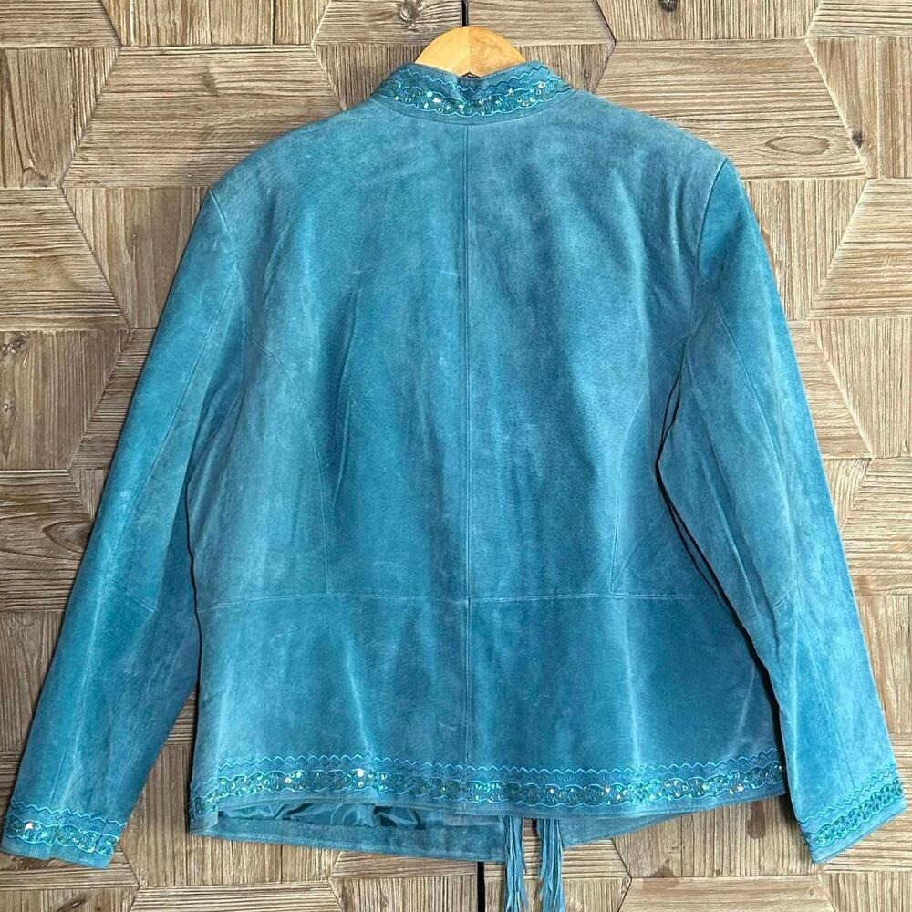 Drapers & Damons Embroidered Teal Leather Jacket Fringe Size 1X Boho Art to Wear - Picture 5 of 6